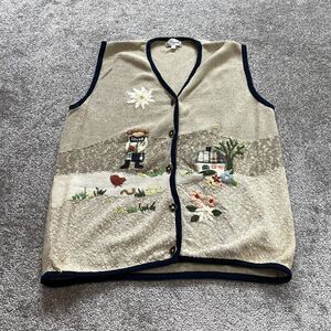 Gundi Sweater Vest Womens EU 42 US 6 Beige Farming Scene Embroidered Knit V neck